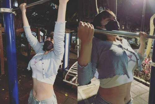f級辣妹公園運動「貓臉撐爆上衣」-網看暈：太重很吃力