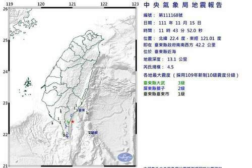 地牛翻身！台東近海11：43發生規模4.5地震　最大震度3級 - 台北郵報 | The Taipei Post