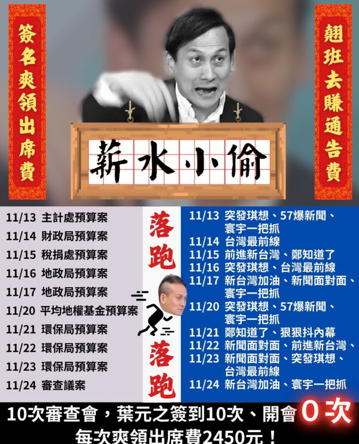 葉元之是議員還是藝人？10次簽到0次開會　羅致政：薪水小偷