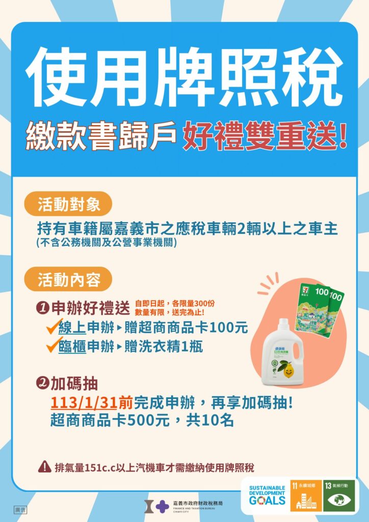 嘉市永續行動+1　獎勵車主牌照稅歸戶送好康