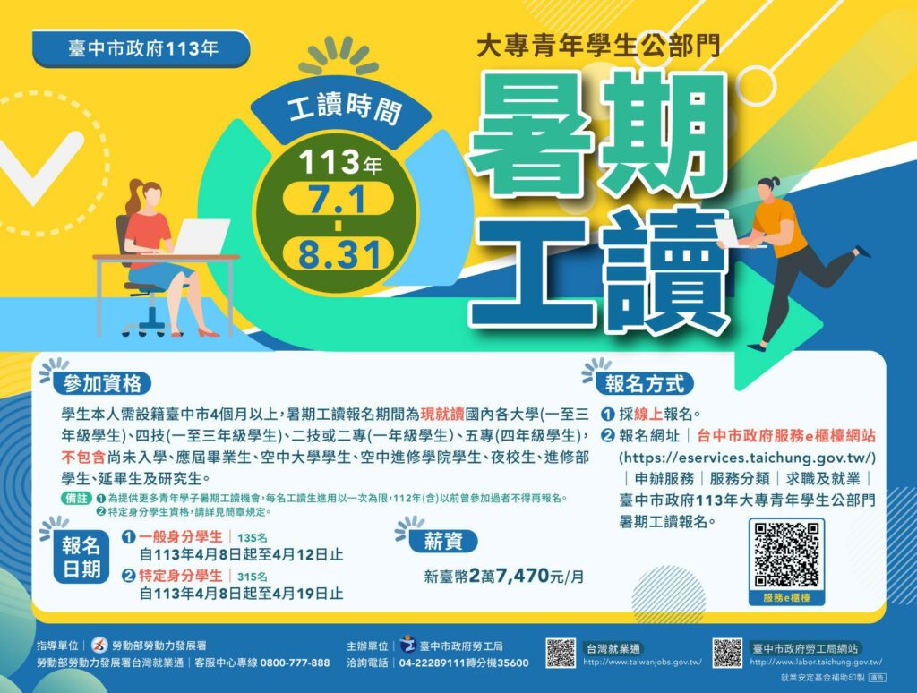中市大專青年公部門暑期工讀-4/8起受理報名