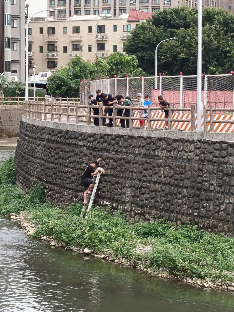 2兄弟為救狗勇跳河堤-中壢警扛梯救援助脫困
