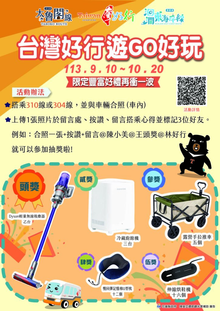 持電子票證免費搭乘台灣好行304洄瀾東海岸線或310太魯閣線-還能「抽大獎」