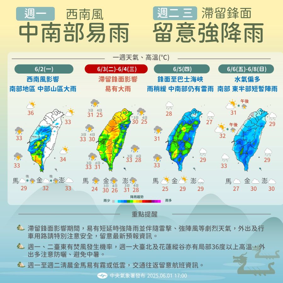 一圖看一周天氣!周二起滯留鋒面來襲防強降雨 - 台北郵報 | The Taipei Post 一圖看一周天氣!周二起滯留鋒面來襲防強降雨 - 台北郵報 | The Taipei Post