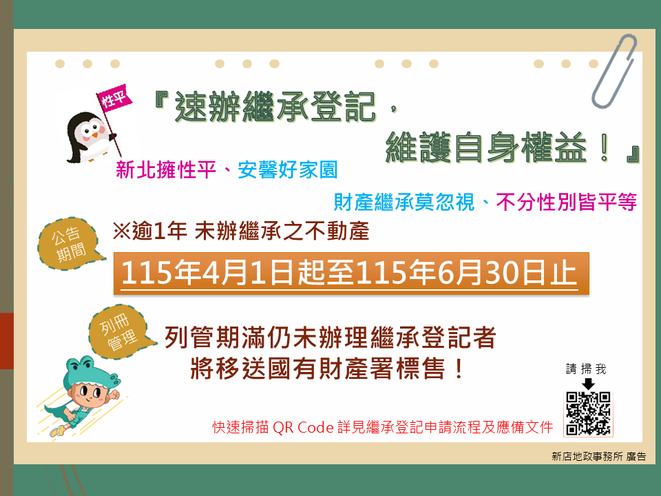 別讓權益睡著了!115 年新店等五區未辦繼承登記名單出爐 6/30 前儘速申辦 - 台北郵報 | The Taipei Post 別讓權益睡著了!115 年新店等五區未辦繼承登記名單出爐 6/30 前儘速申辦 - 台北郵報 | The Taipei Post