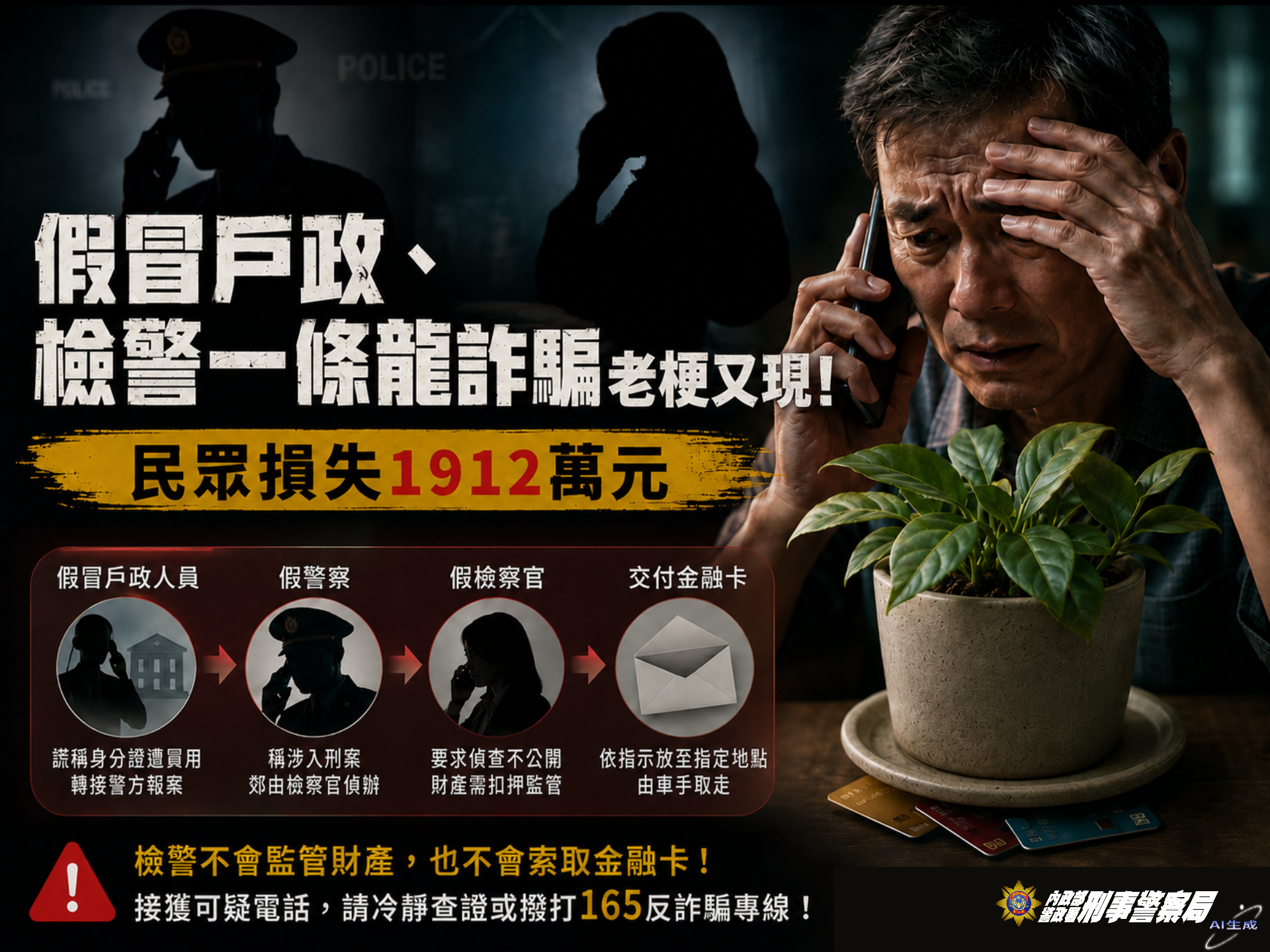男聽信假檢警話術「金融卡藏花盆」遭取走 被騙1912萬 - 台北郵報 | The Taipei Post