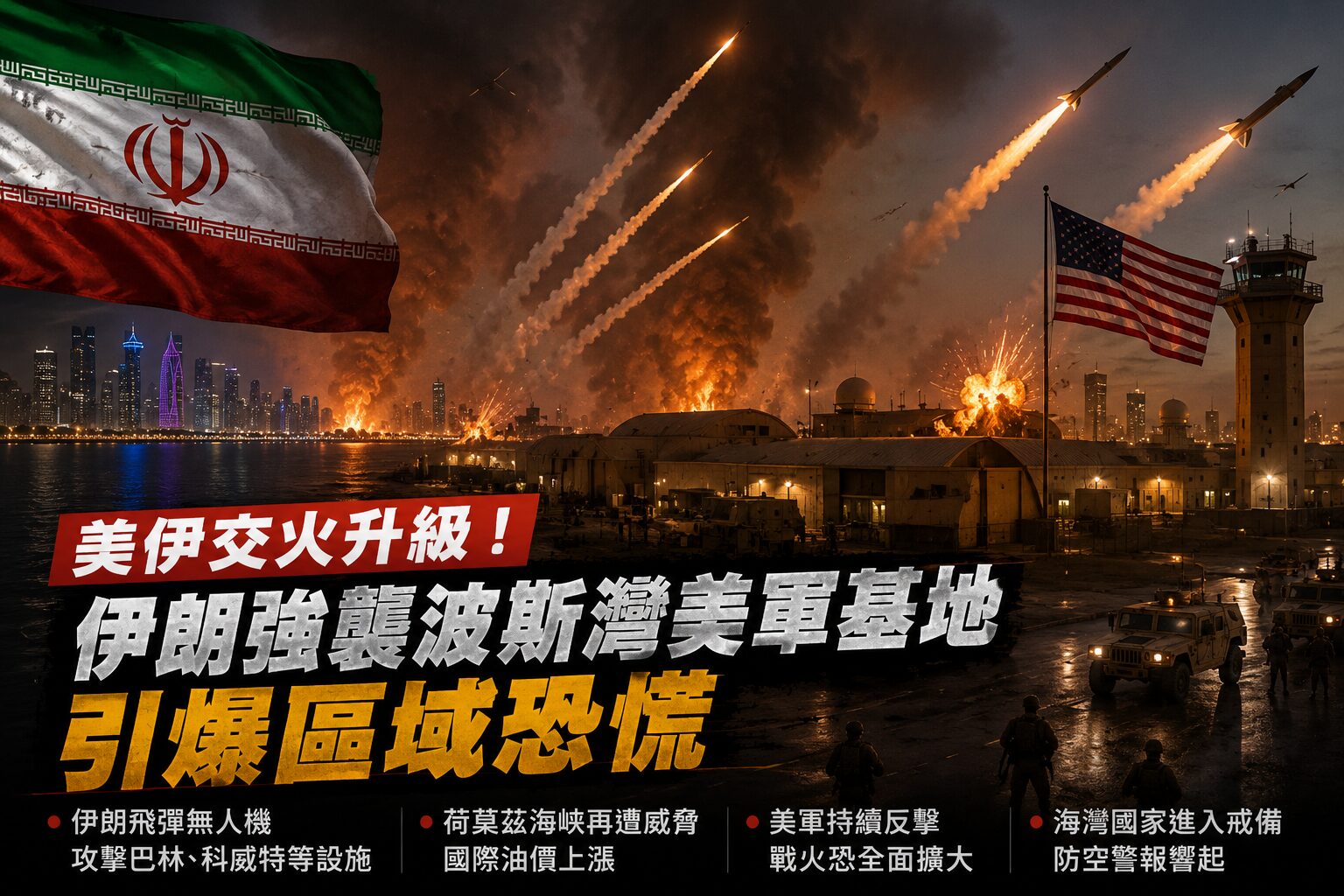 美伊戰火急速擴大！伊朗報復轟炸美軍波斯灣基地 巴林防空警報狂響 - 台北郵報 | The Taipei Post