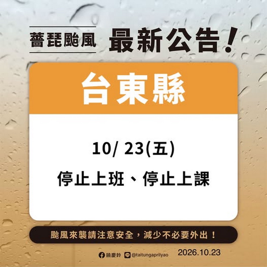 放颱風假再+1 臺東縣政府緊急宣布10/23停班停課 - 台北郵報 | The Taipei Post 放颱風假再+1 臺東縣政府緊急宣布10/23停班停課 - 台北郵報 | The Taipei Post